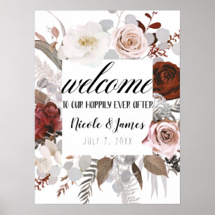 Rustic Floral Blooms Blush Grey Red Wedding Sign