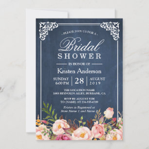 Rustic Floral Blue Chalkboard Classy Bridal Shower Invitation