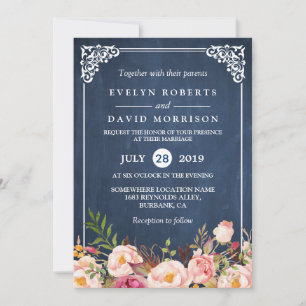 Rustic Floral Blue Chalkboard Formal Wedding Invitation