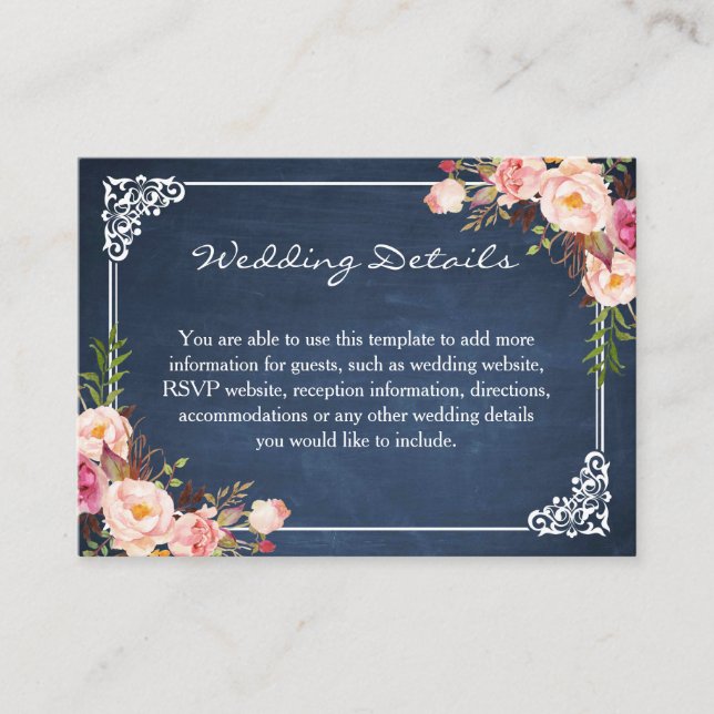 Rustic Floral Blue Chalkboard Wedding Insert Card (Front)