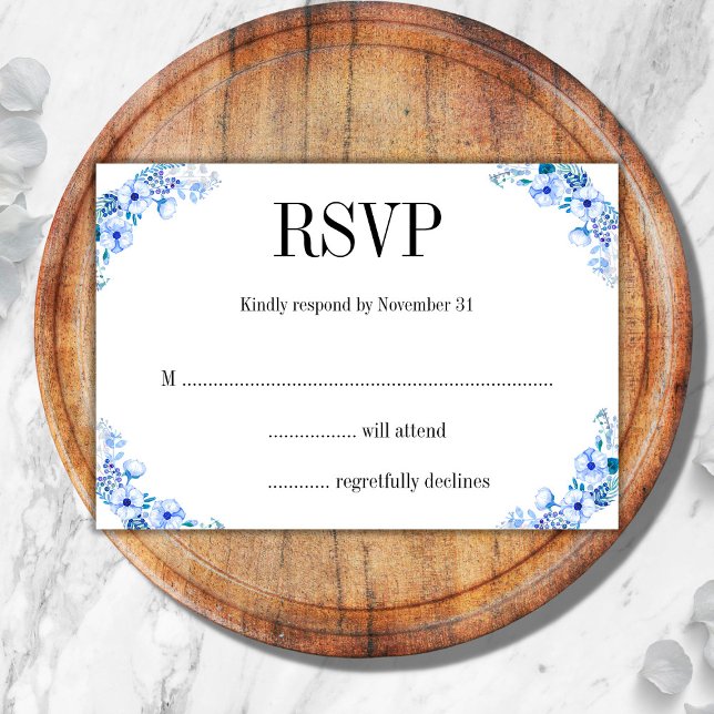 Rustic Floral Blue Watercolor Flowers Wedding RSVP (Creator Uploaded)
