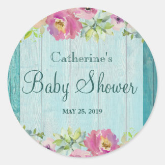 Rustic Floral Blue Wood Baby Shower Party Stickers