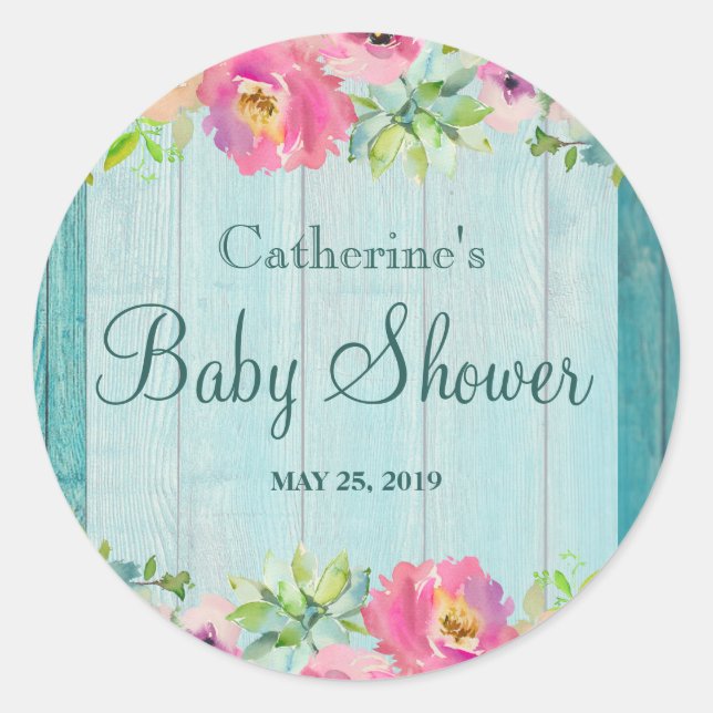 Rustic Floral Blue Wood Baby Shower Party Stickers (Front)