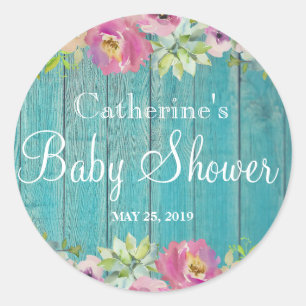 Rustic Floral Blue Wood Baby Shower Party Stickers