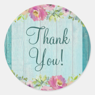Rustic Floral Blue Wood Baby Shower Thank You Classic Round Sticker