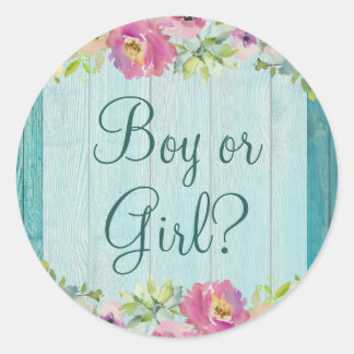 Rustic Floral Blue Wood Gender Reveal Baby Shower Classic Round Sticker