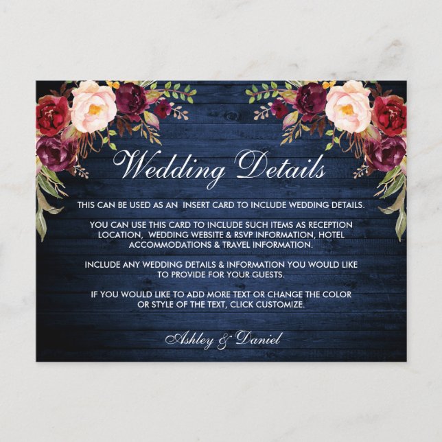 Rustic Floral Blue Wood Wedding Details Card (Front)