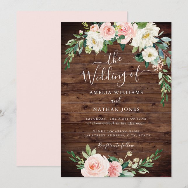 Rustic Floral Blush Gold Wreath Wedding Invitation (Front/Back)
