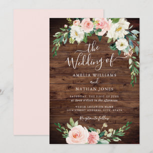 Rustic Floral Blush Gold Wreath Wedding Invitation