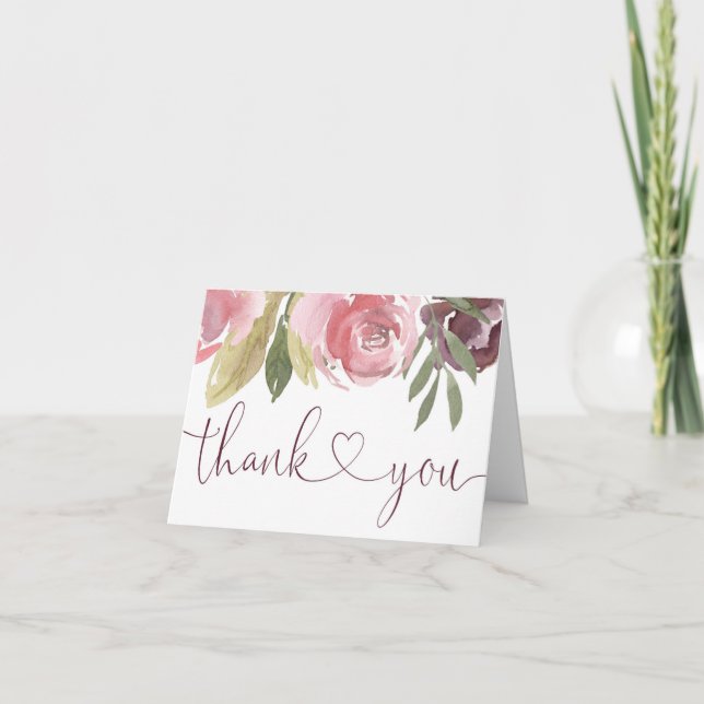 Rustic floral blush pink burgundy thank you card (Front)
