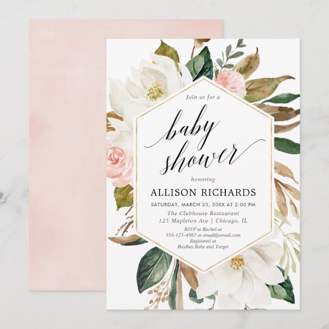 Rustic floral blush pink greenery fall baby shower invitation (Front/Back)