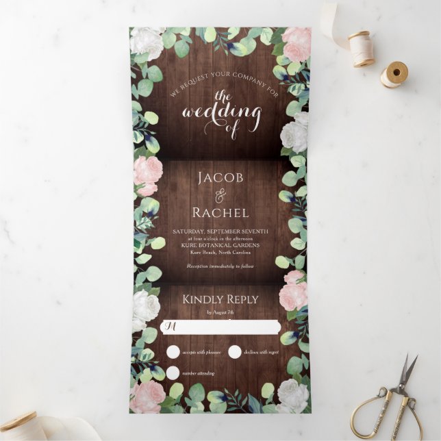 Rustic Floral Blush Pink Roses Greenery Wedding Tri-Fold Invitation (Inside)