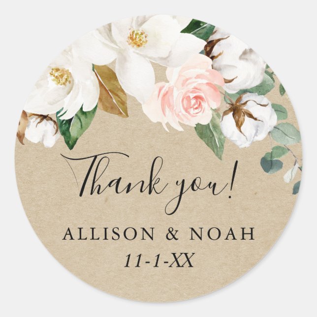 Rustic floral blush pink white magnolia favour classic round sticker (Front)