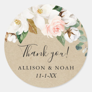 Rustic floral blush pink white magnolia favour classic round sticker