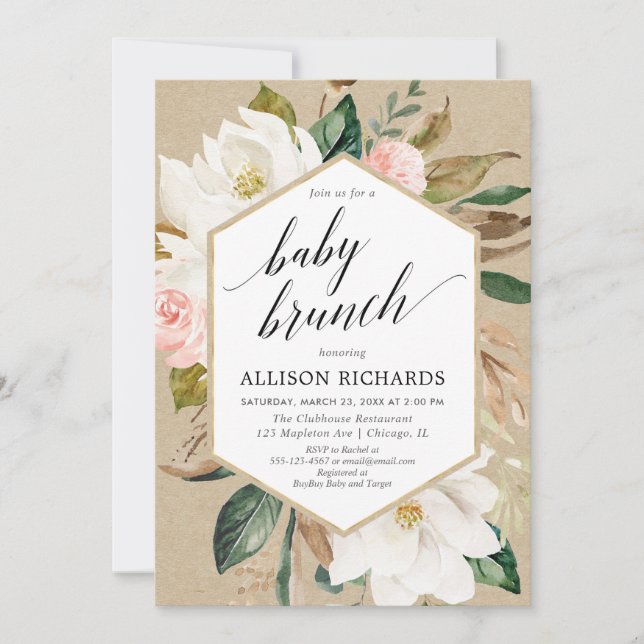 Rustic floral blush white girl baby brunch shower invitation (Front)