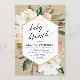 Rustic floral blush white girl baby brunch shower invitation