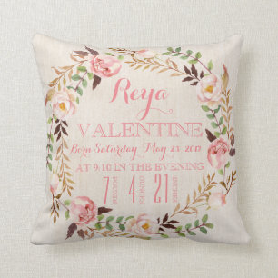 Rustic Floral Bohemian Birth Stats Pillow