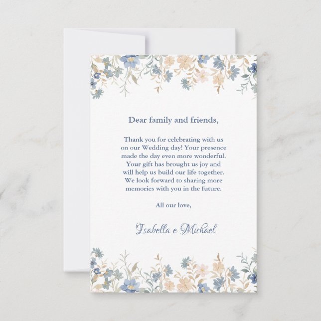 Rustic Floral Boho Blue and Beige Wedding Thank You Card (Front)