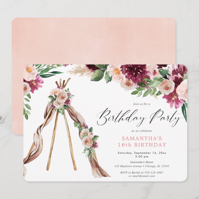 Rustic floral boho bohemian teepee birthday party invitation (Front/Back)