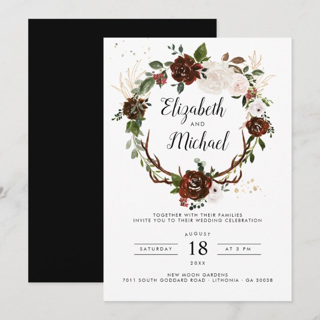 Rustic Floral | Boho Botanical Wedding Invitation (Front/Back)
