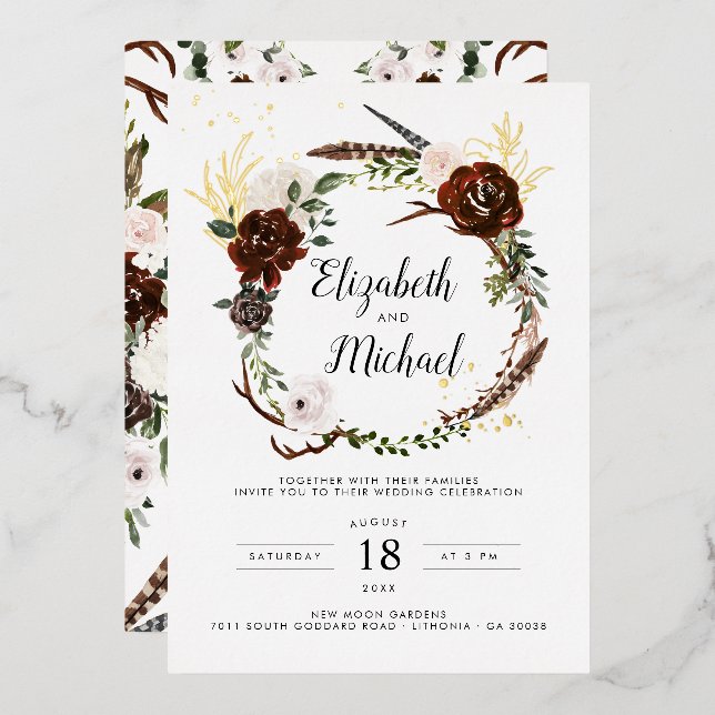 Rustic Floral | Boho Botanical Wedding Invitation (Front/Back)
