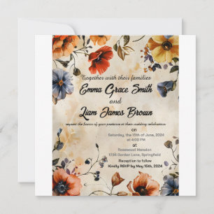 Rustic floral boho colorful wedding invitation