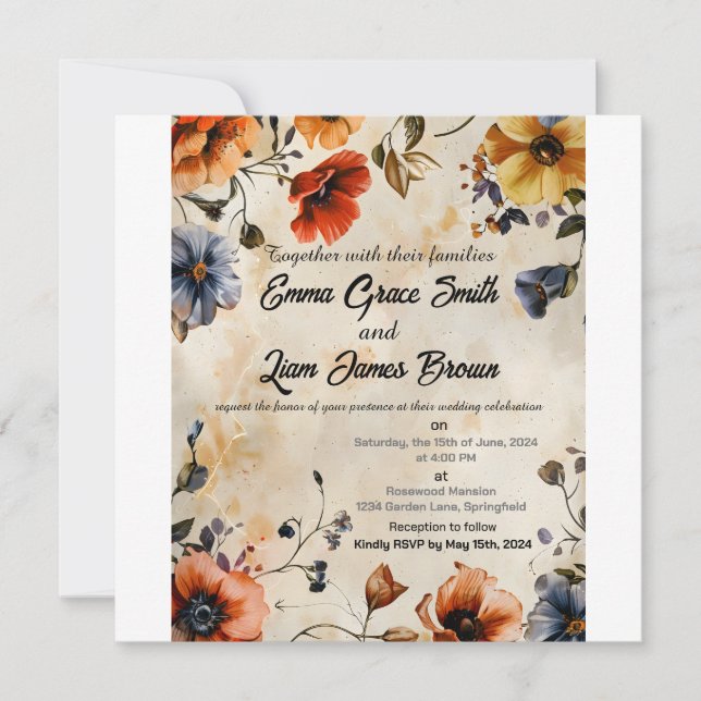 Rustic floral boho colorful wedding invitation (Front)