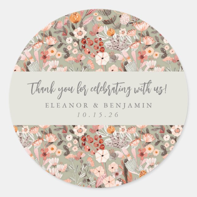 Rustic Floral Boho Custom Wedding Names Thank You Classic Round Sticker (Front)
