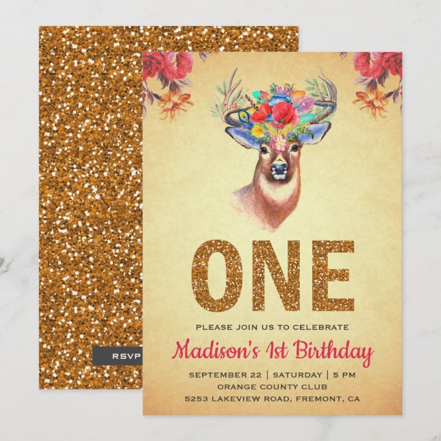 Rustic Floral Boho Deer First Birthday Invitation (Front/Back)