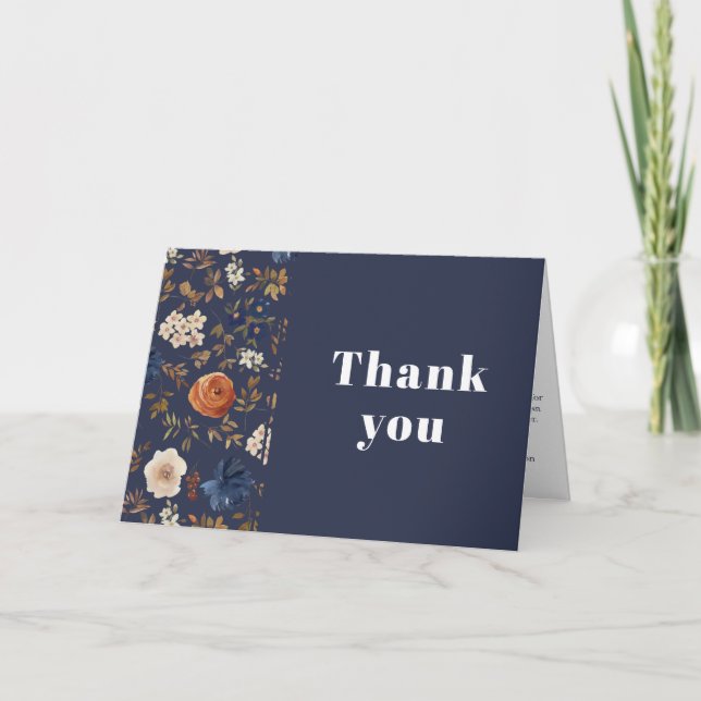 Rustic Floral Boho Navy Photo Wedding  Thank You Card (Front)