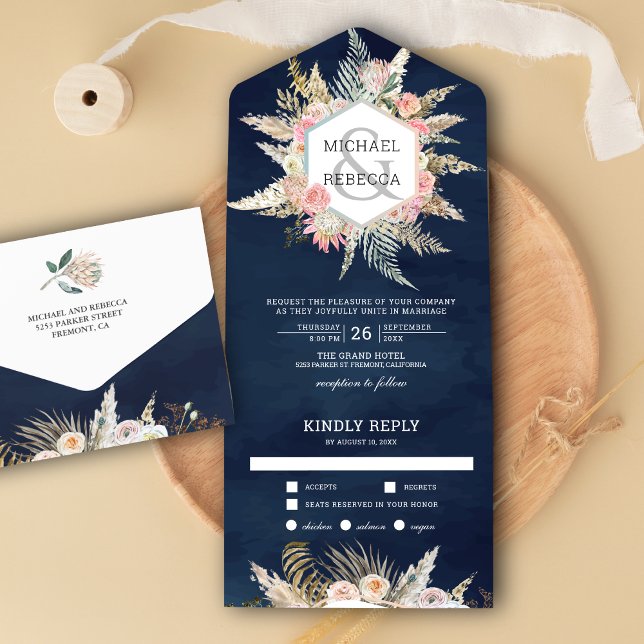Rustic Floral Boho Pampas Grass Navy Blue Wedding All In One Invitation (Creator Uploaded)