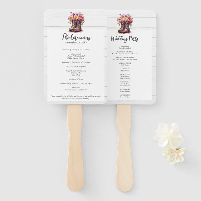 Rustic Floral Boots & Barn Wood Wedding Program Hand Fan (Front and Back)