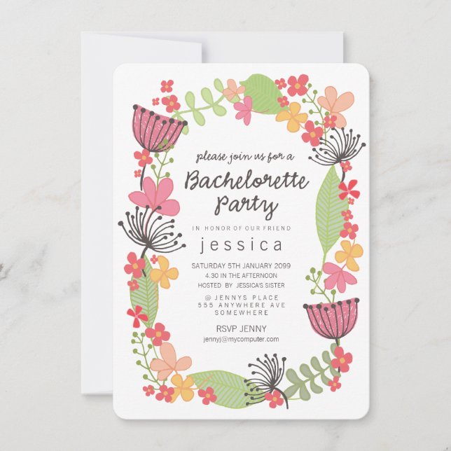 Rustic Floral Border Bachelorette Party Invitation (Front)