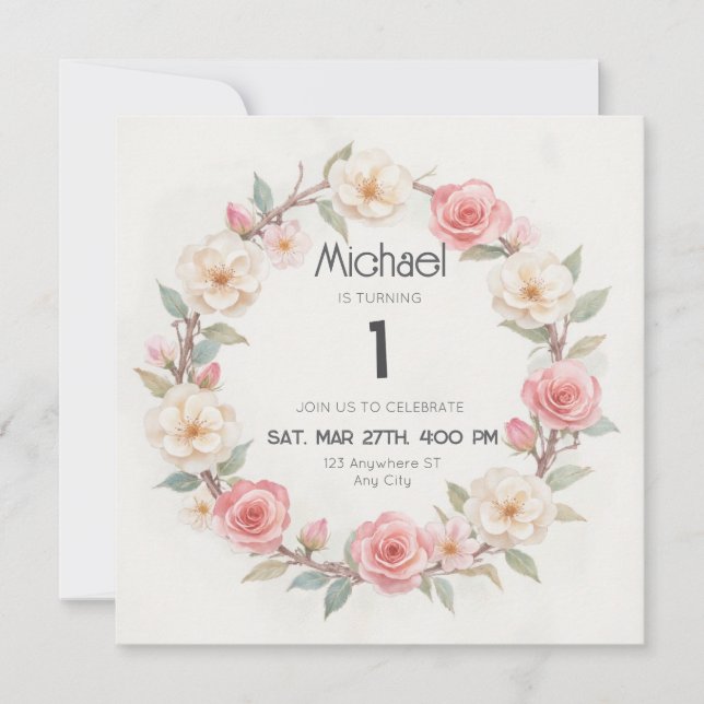 Rustic Floral Botanical Birthday Invitation Baby (Front)