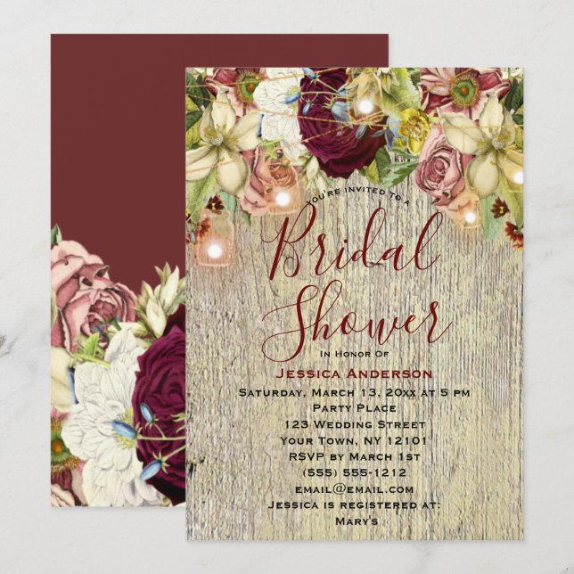 Rustic Floral Botanical Burgundy Bridal Shower Invitation (Front/Back)