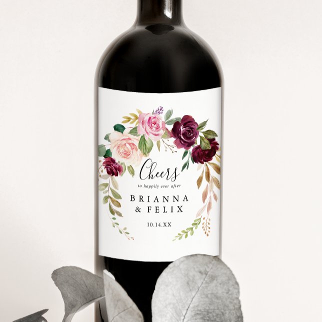 Rustic Floral Botanical Foliage Cheers Wedding Wine Label (Creator Uploaded)
