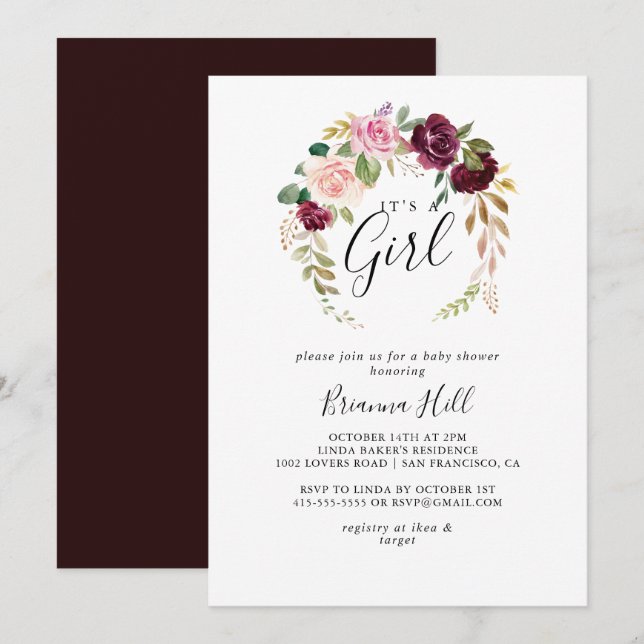 Rustic Floral Botanical It's A Girl Baby Shower Invitation (Front/Back)