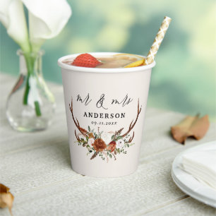 rustic floral botanical personalised stag wedding  paper cups