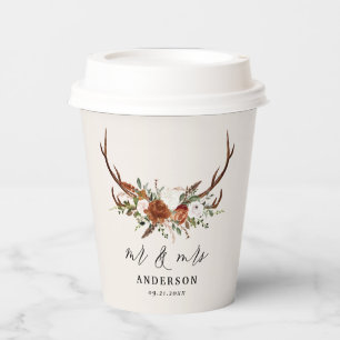 rustic floral botanical personalised stag wedding  paper cups