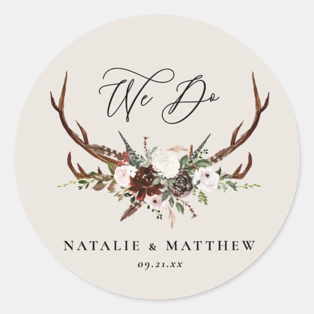 rustic floral botanical personalised wedding classic round sticker (Front)