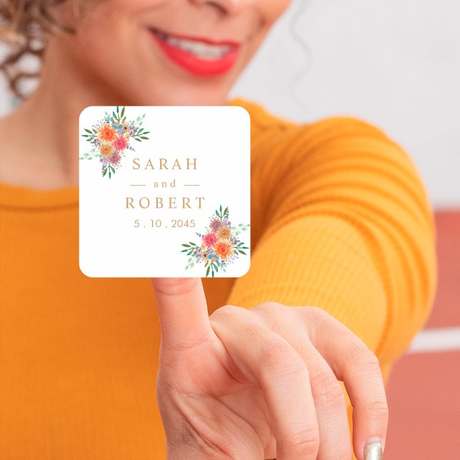Rustic Floral Botanical Personalised Wedding Square Sticker (Creator Uploaded)