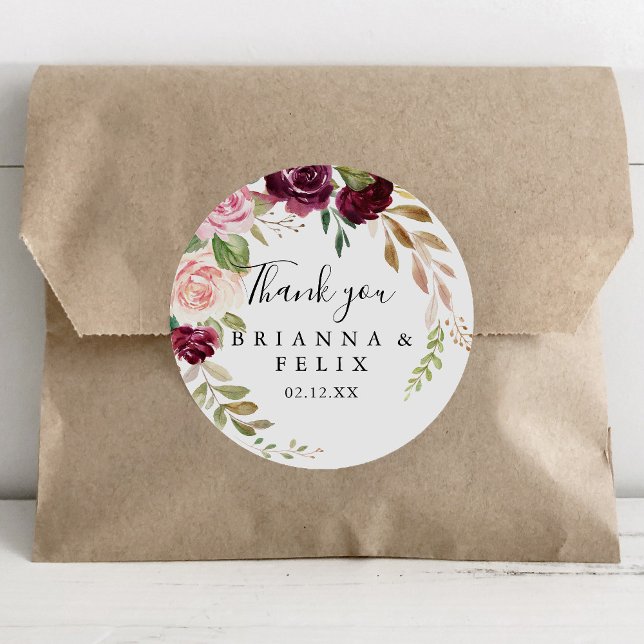 Rustic Floral Botanical Thank You Wedding Favour Classic Round Sticker (Creator Uploaded)