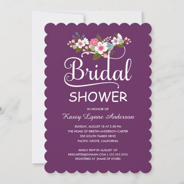 Rustic Floral Bouquet Bridal Shower - Purple Invitation (Front)
