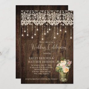 Rustic Floral Bouquet Mason Jar Lace Lights   Invitation