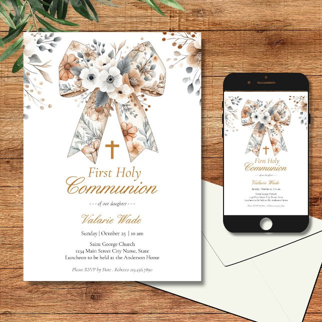 Rustic Floral Bow Girls Holy Communion Invitation (Creator Uploaded)
