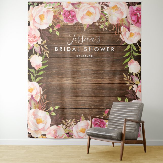 Rustic Floral Bridal Shower Backdrop Tapestry (In Situ)