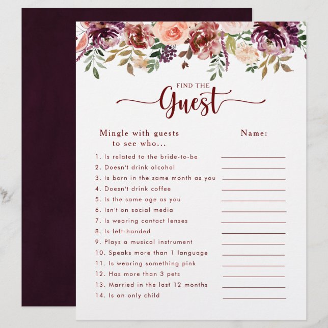 Rustic Floral Bridal Shower Find the Guest Game (Front/Back)