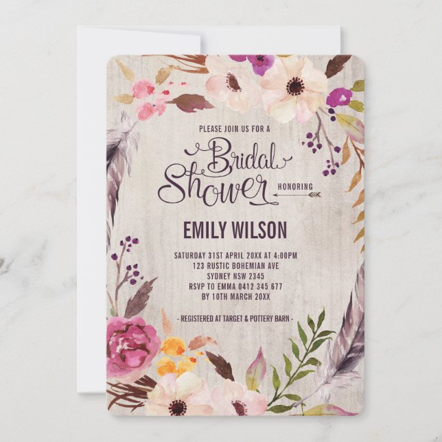 Rustic Floral Bridal Shower Invitation Boho Party (Front)