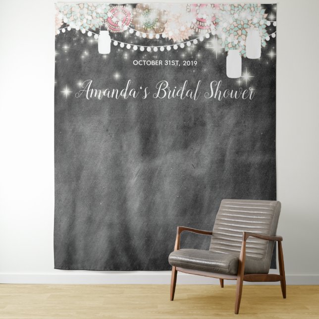 Rustic Floral Bridal Shower Photo Booth Backdrop Tapestry (In Situ)