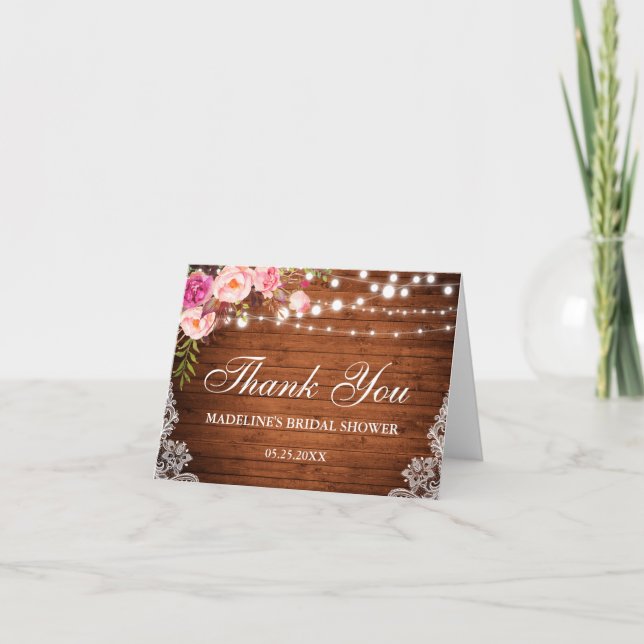 Rustic Floral Bridal Shower Wood Lace Thanks N Thank You Card (Front)